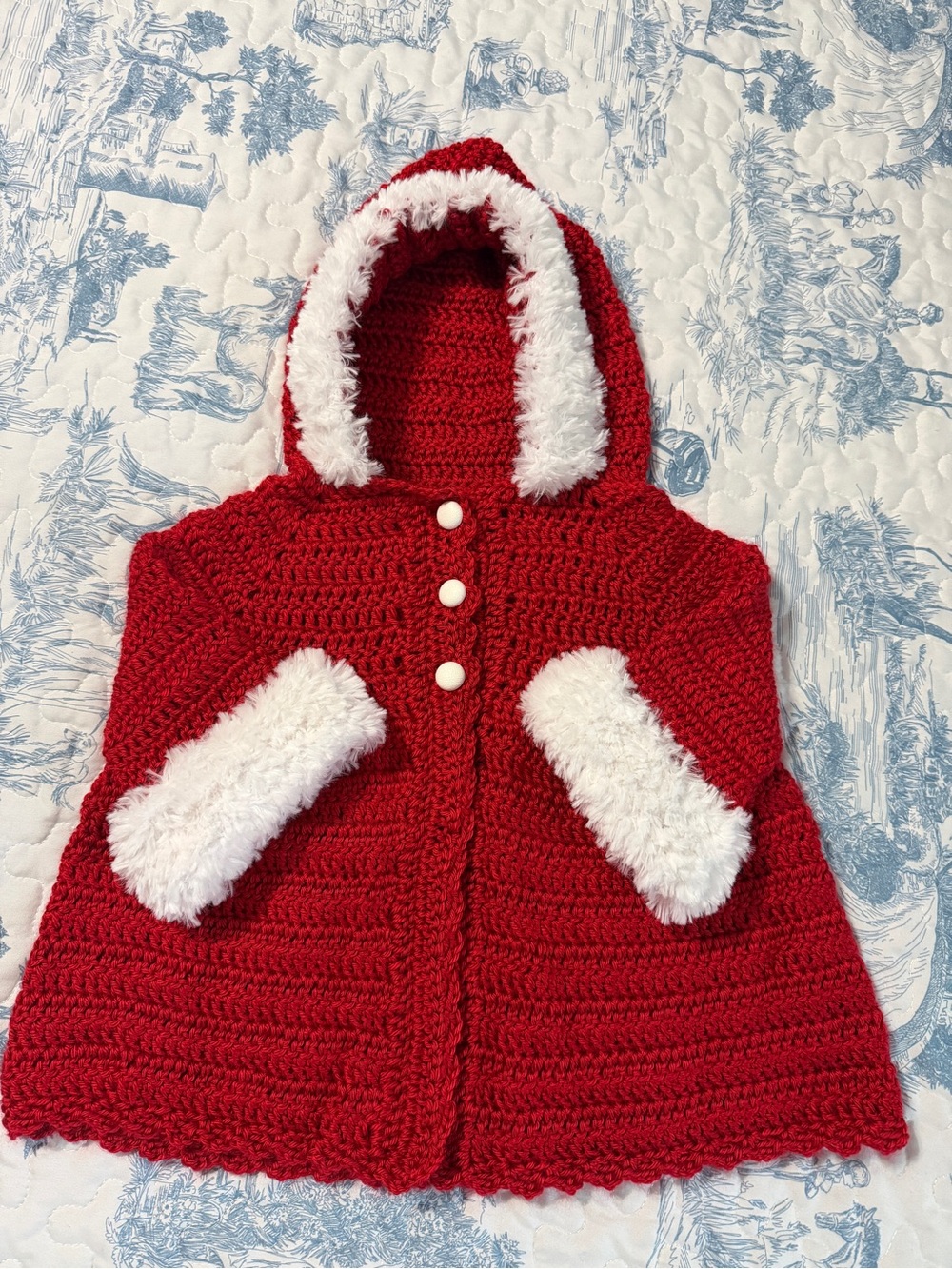 Cozy Red Hooded Crochet Cape with White Faux Fur Trim